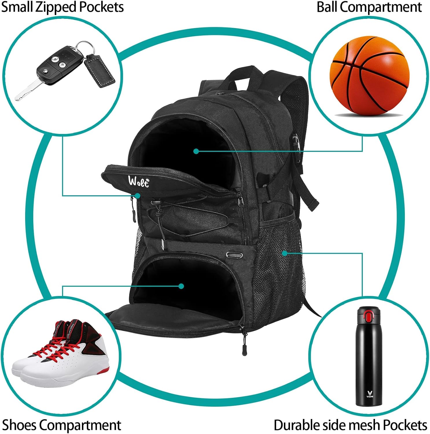 WOLT Basketball Backpack with Shoe & Ball Compartments