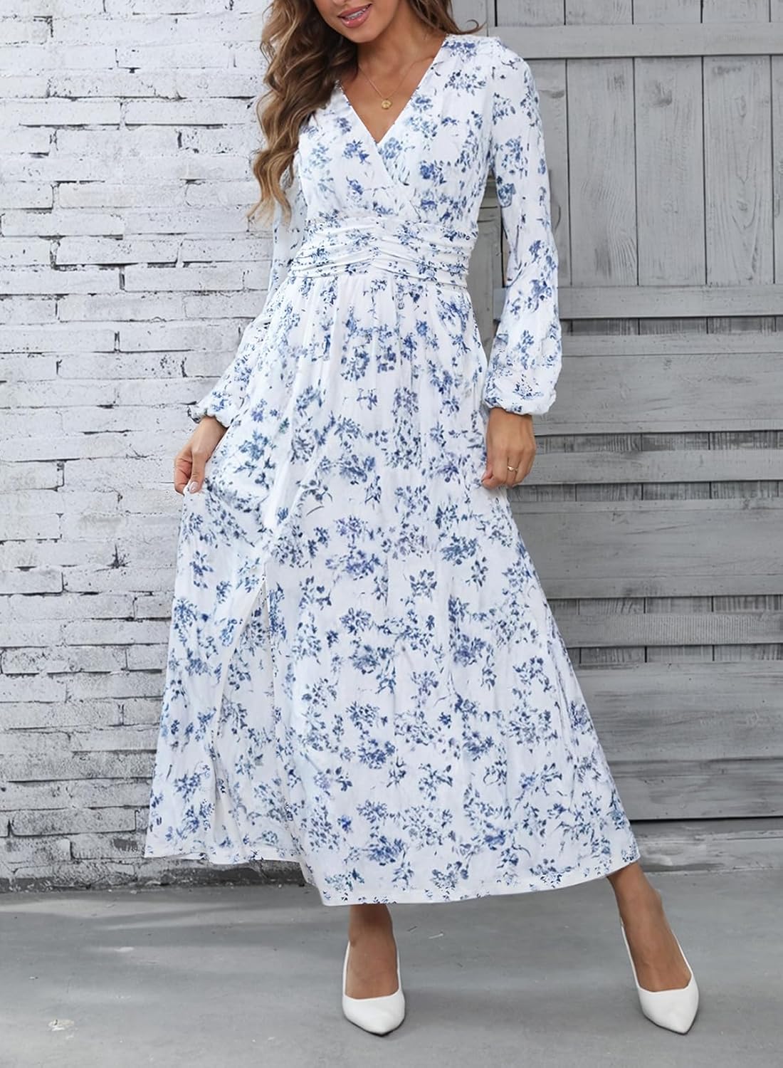 Women’s Floral V-Neck Maxi Dress – Long Sleeve Ruched High Waist
