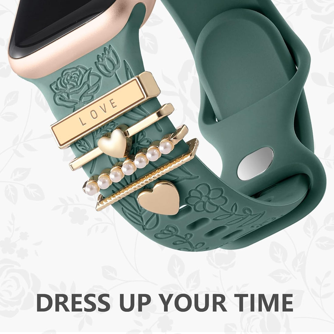 Flower Engraved Silicone Band with Decorative Charms – Compatible
