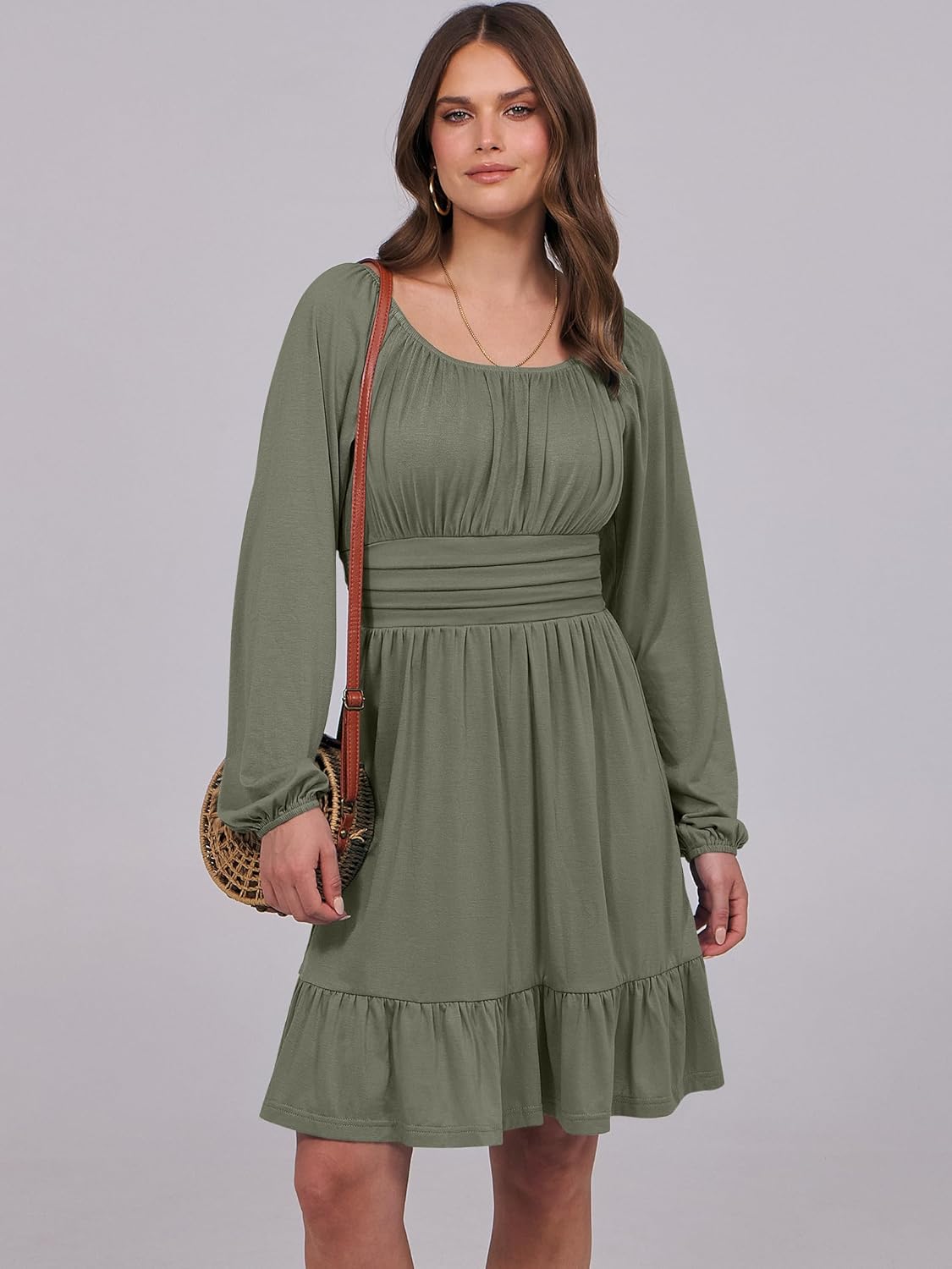 Women's Ruffle effortlessly chic  A-Line Dress – Long Lantern Sleeves, Square Neck