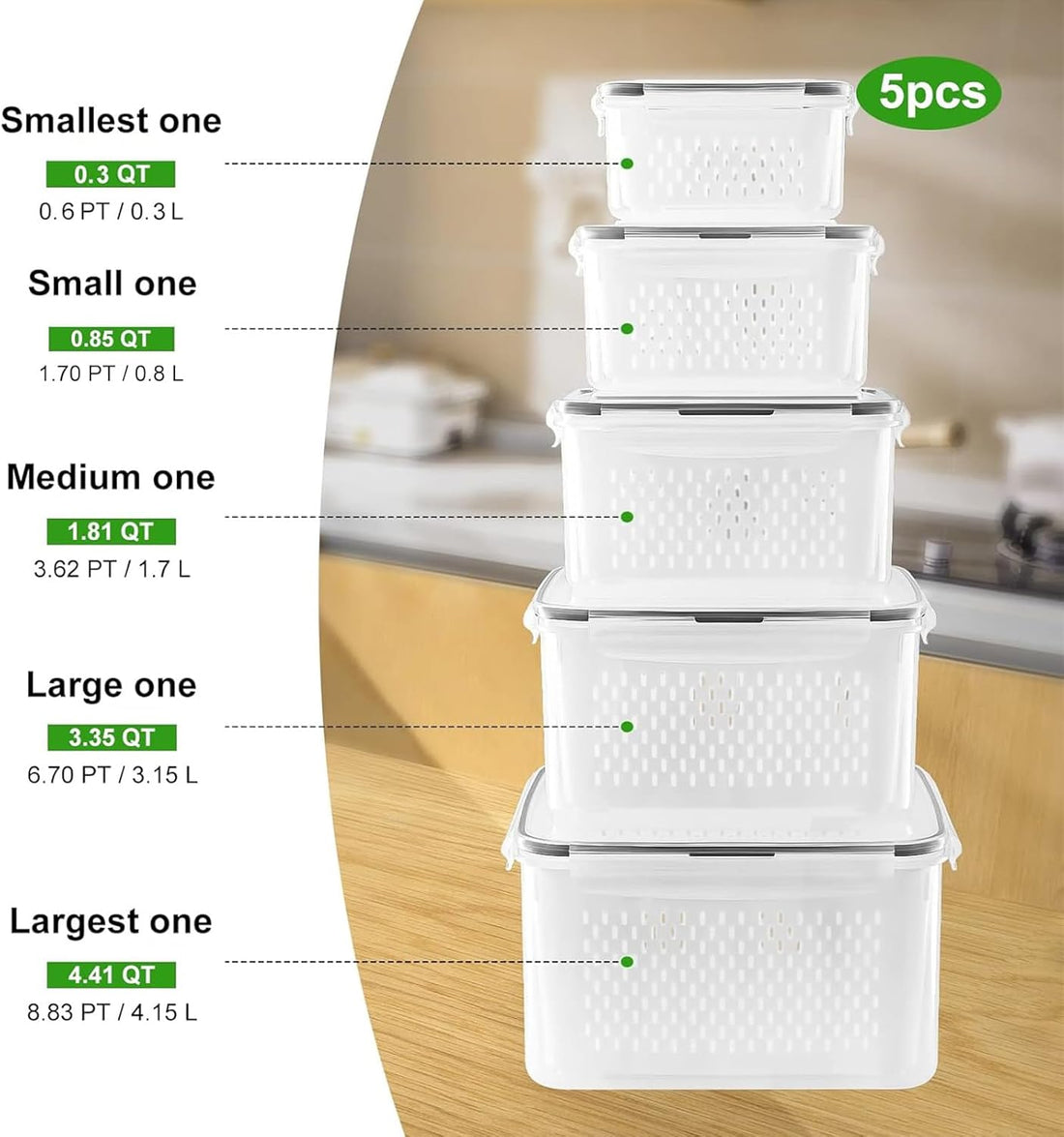 5 PCS Large Fruit Containers for Fridge - Leakproof Food Storage Containers