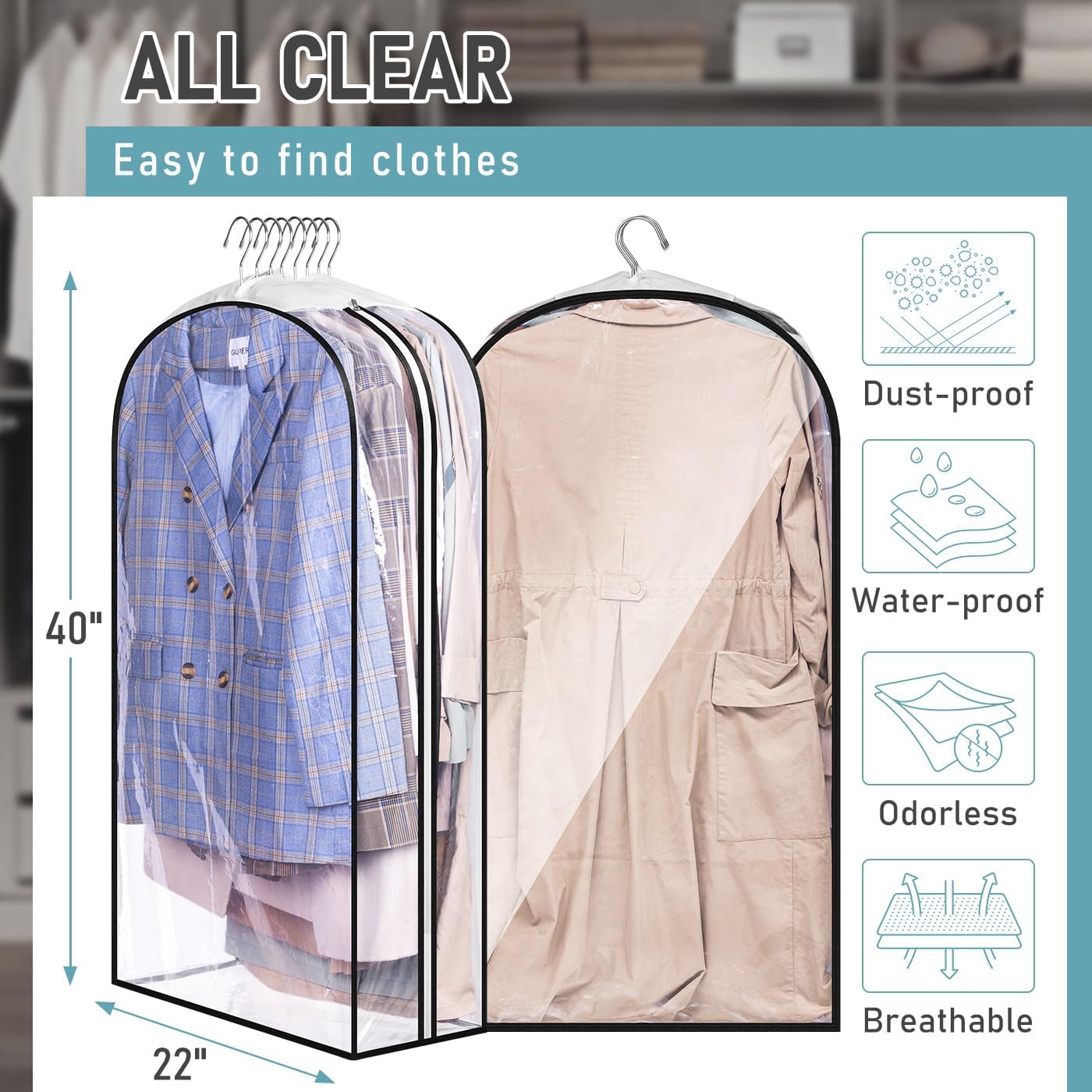 Organized and crease-free living: 3-Pack 40" Clear Gusseted Garment Bags – 10" Wide Suit