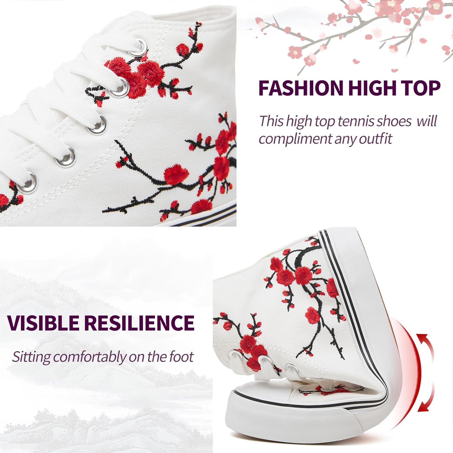 Women’s High-Top Canvas Sneakers – Embroidered Plum Blossom Casual Shoes