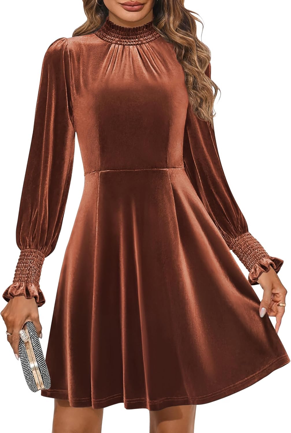Women’s Velvet Mini Dress – High Neck, Long Sleeve A-Line Dress