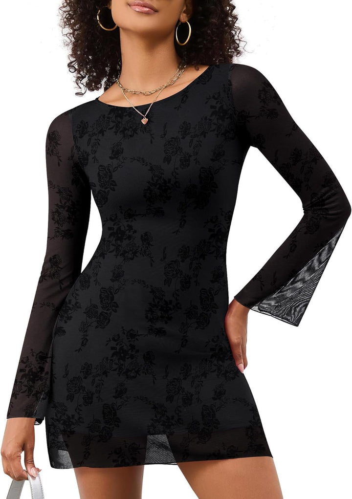 Women’s Mesh Bell Sleeve Bodycon Mini Dress – Sexy Y2K Dress