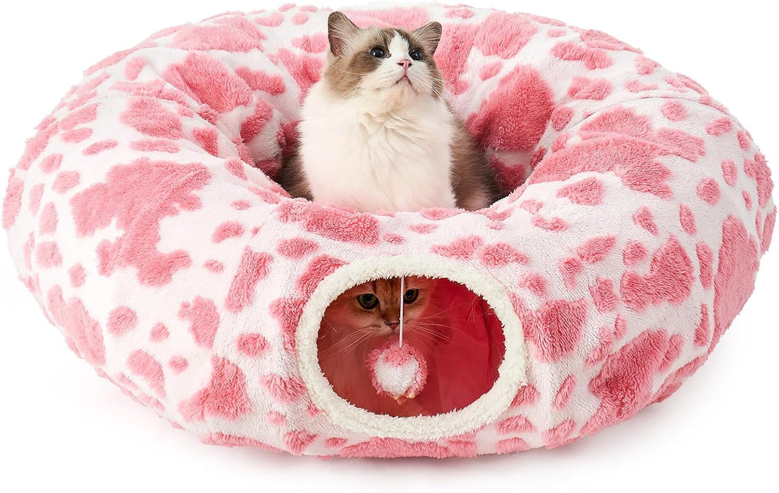 Cat Tunnel Bed for Indoor Cats, Foldable Cute Cat Donut Tunnel with Washable