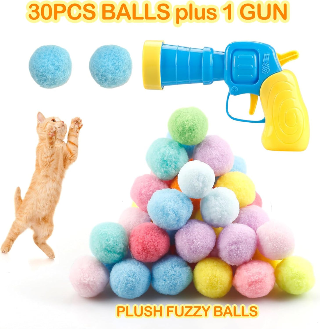 31Pcs Cat Ball Toy Launcher – 30 Plush Fuzzy Balls with Toy Gun