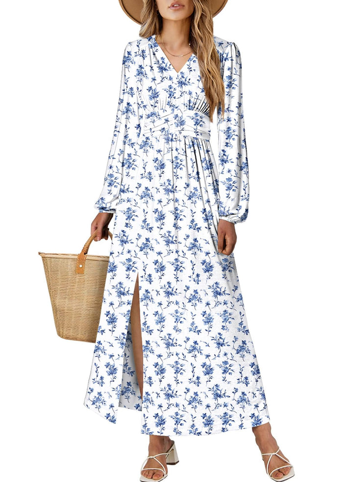 Women’s Floral V-Neck Maxi Dress – Long Sleeve Ruched High Waist