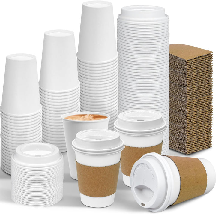 100 Pack 12 oz Leak-Proof Disposable Coffee Cups with Lids & Sleeves
