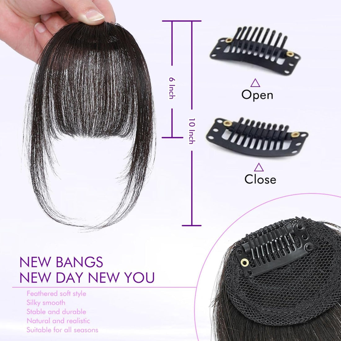 Clip-in Bangs 100% Real Human Hair Extensions – Wispy Brown & Black Fringe with Temples, Faux Bangs Hairpieces for Daily Wear