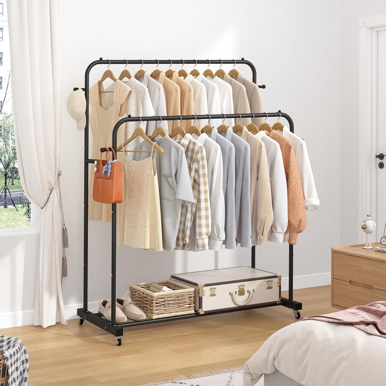 Double Hanging Garment Rack with Wheels – Heavy-Duty Clothing Organizer