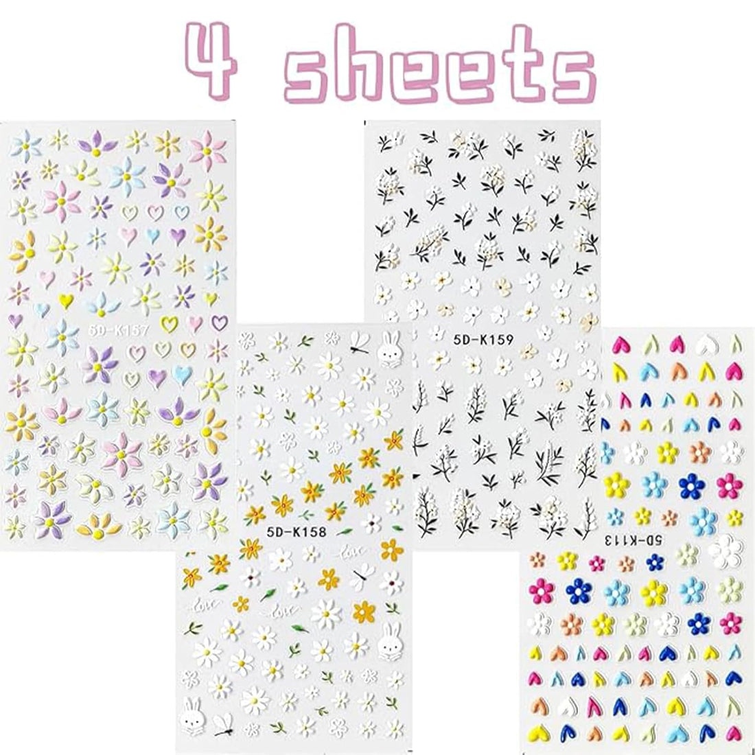 Flower Nail Art Stickers Decals – 5D Embossed Spring & Summer Daisy Nail Design, Self-Adhesive 3D Flower Nail Stickers