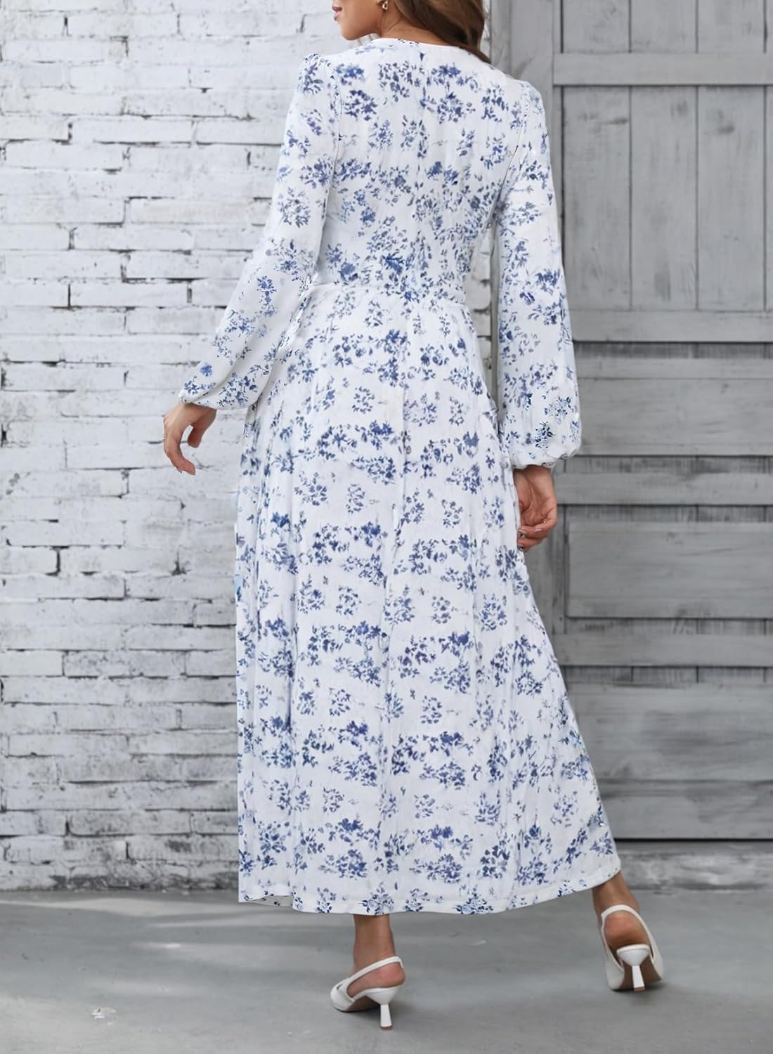 Women’s Floral V-Neck Maxi Dress – Long Sleeve Ruched High Waist