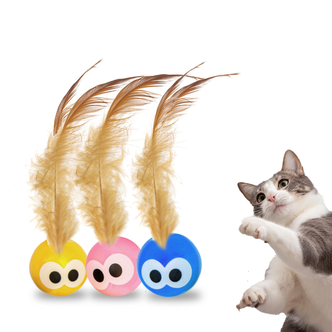 3 Pack Interactive Bouncy Ball with Natural Feathers for Indoor Cats