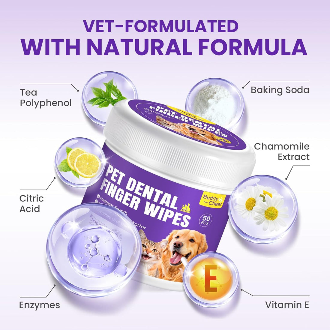 No-Rinse Dog Dental Care Wipes – 50 Count Pet Tooth Cleaning Wipes for Dogs & Cats