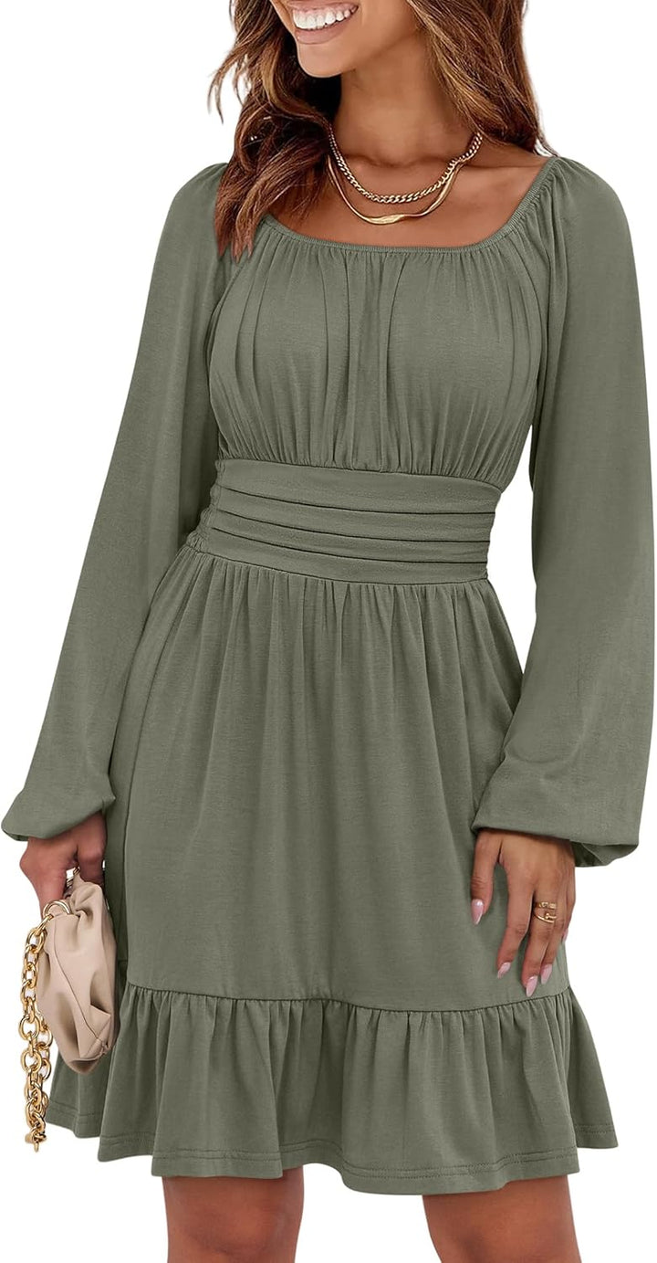 Women's Ruffle effortlessly chic  A-Line Dress – Long Lantern Sleeves, Square Neck