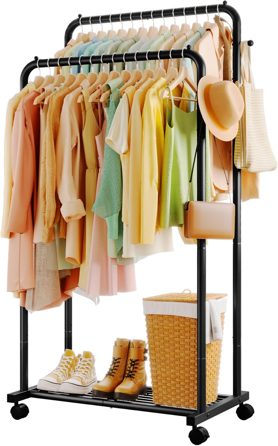 Double Rod Clothing Rack with Mesh Shelf, Hooks &amp; Lockable Wheels