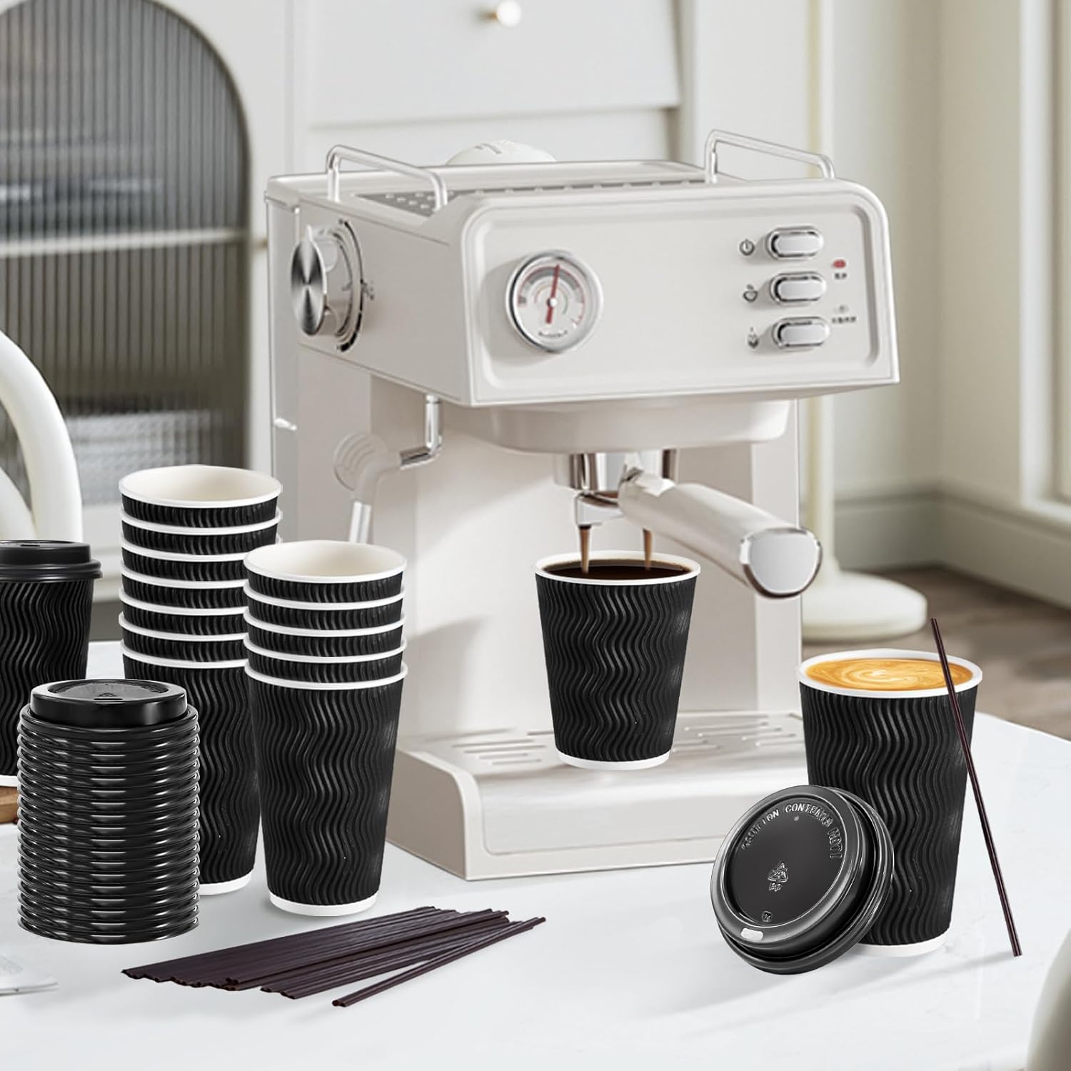 Disposable Coffee Cups with Lids & Straws – 50 Pack Insulated Hot Cups