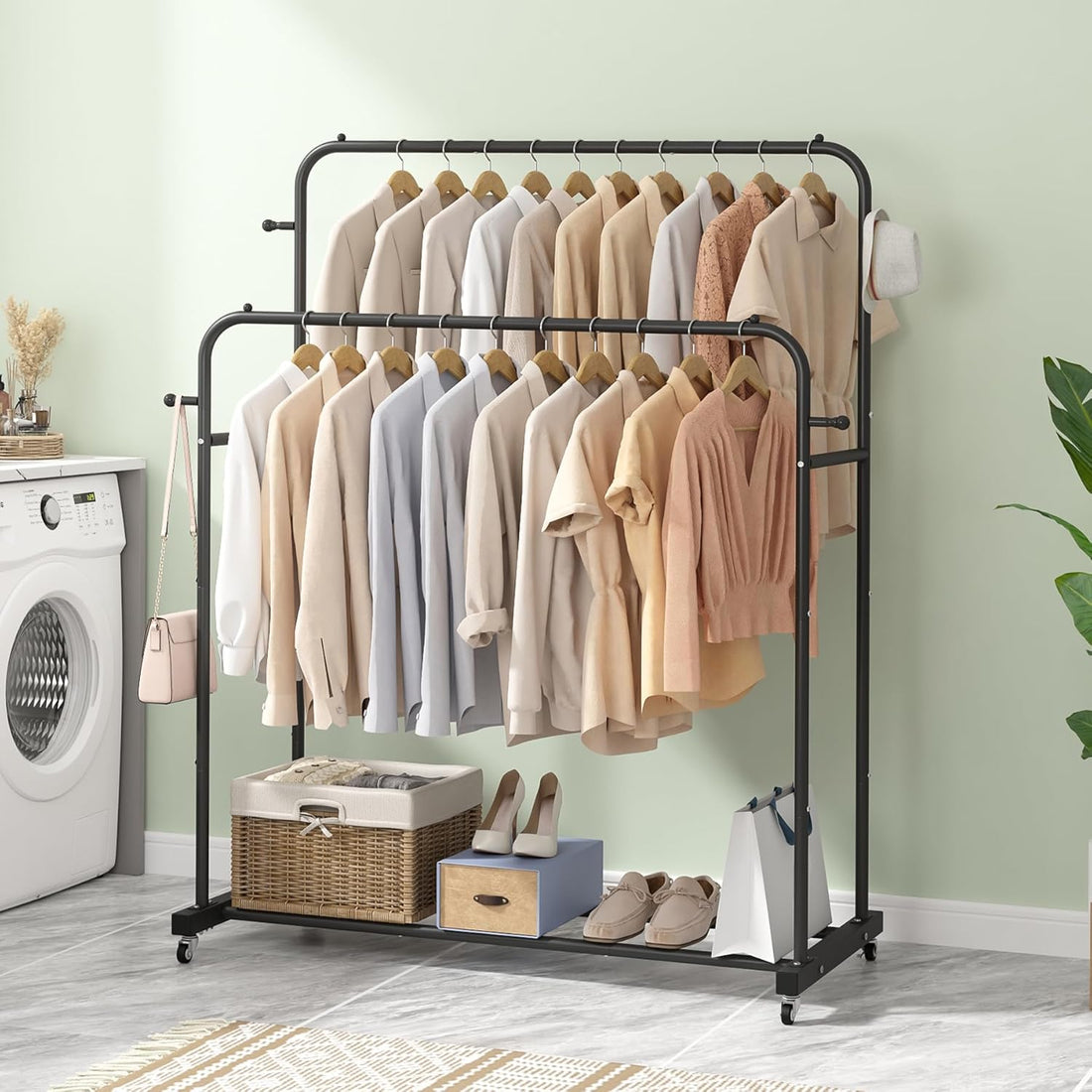 Double Hanging Garment Rack with Wheels – Heavy-Duty Clothing Organizer