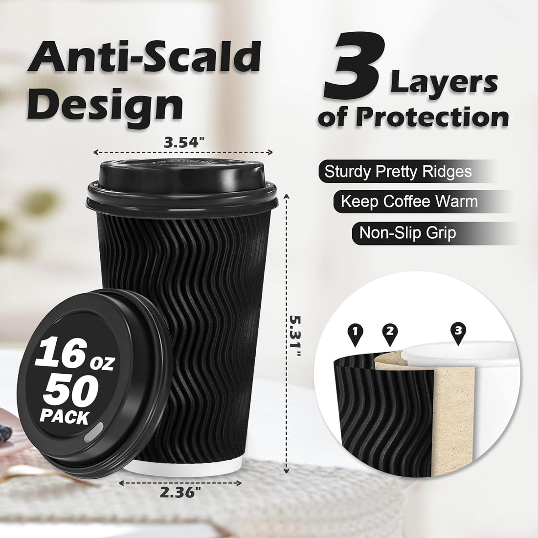 Disposable Coffee Cups with Lids & Straws – 50 Pack Insulated Hot Cups