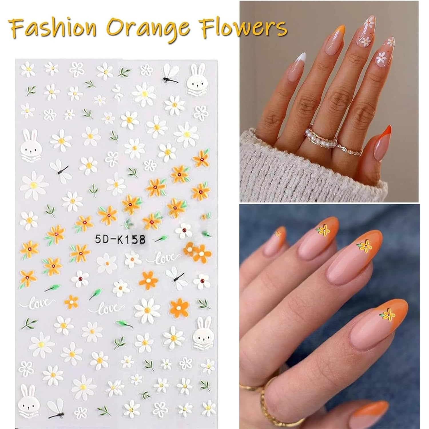 Flower Nail Art Stickers Decals – 5D Embossed Spring & Summer Daisy Nail Design, Self-Adhesive 3D Flower Nail Stickers
