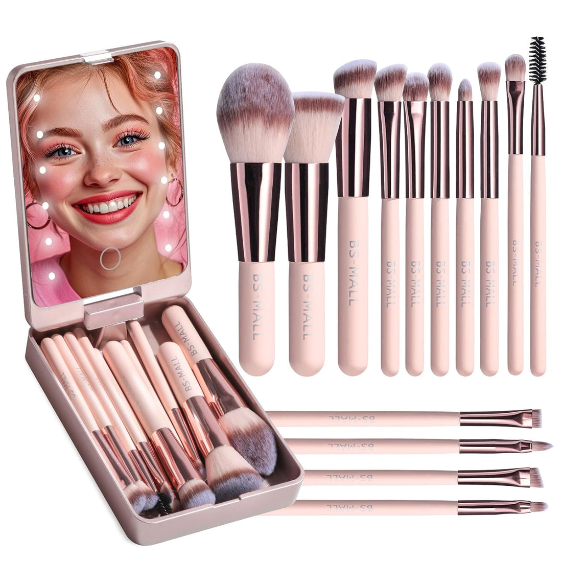 14-Pc Mini Makeup Brush Set with LED Light Mirror – Portable Travel Makeup Kit