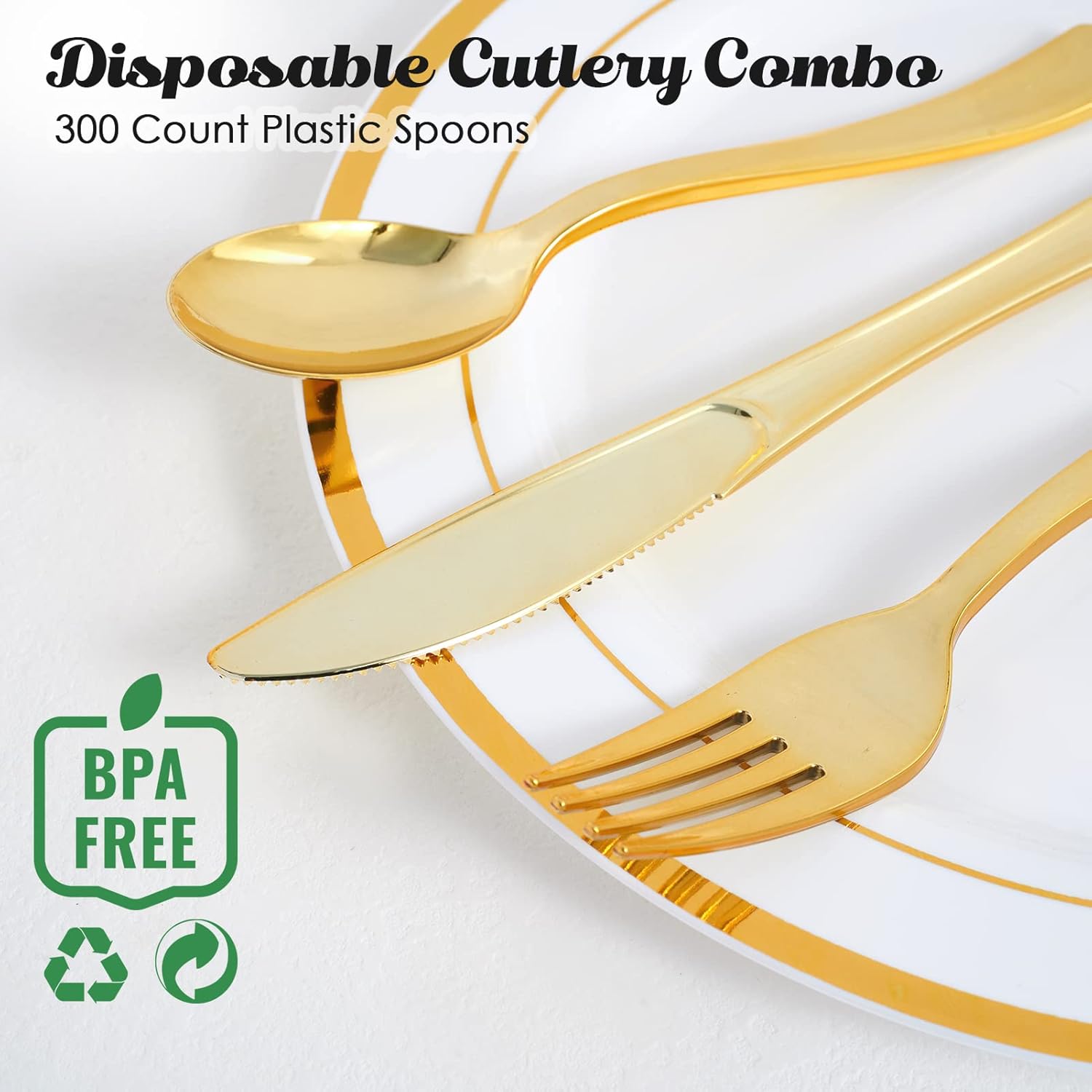 300-Pack 6.8" Gold Disposable Plastic Spoons – Heavy Duty & Elegant Cutlery