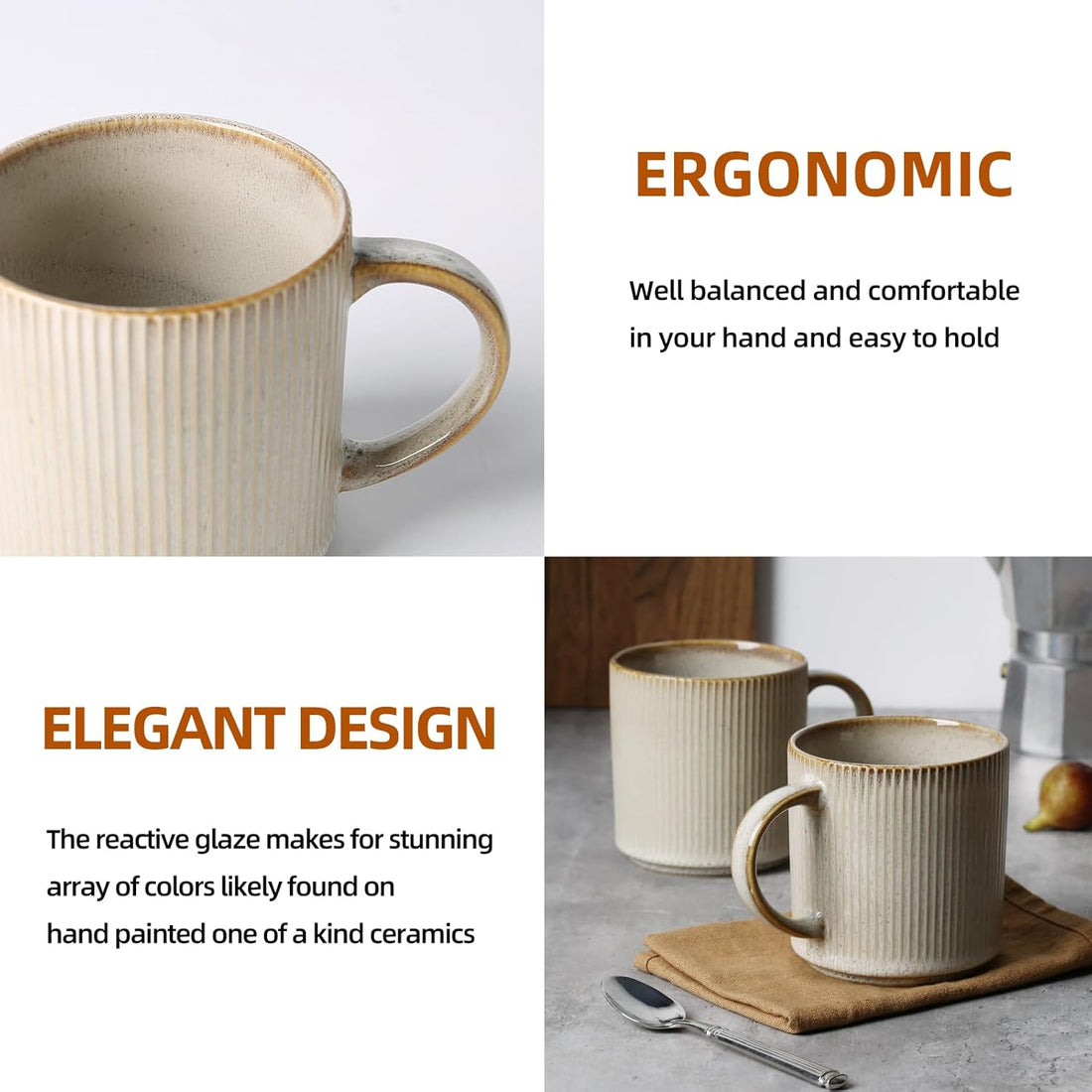 Set of 4 Ceramic Coffee Mugs – 16 oz Porcelain Cups with Large Handles