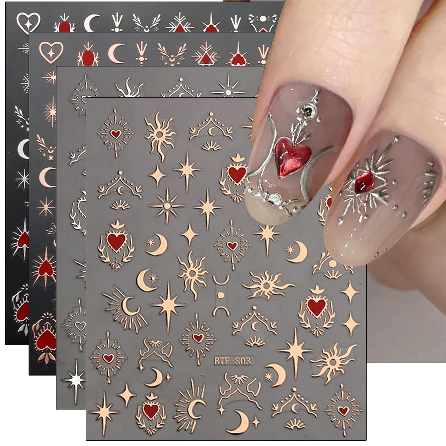 9 Sheets Moon & Star Nail Art Stickers – Self-Adhesive Pegatinas Uñas, Sun Nail Design Decals, Nail Supplies & Decoration Accessories