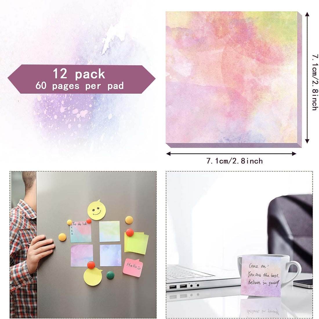 12 Watercolor Sticky Note Pads (720 Sheets) – Pastel Memo Set for School, Office