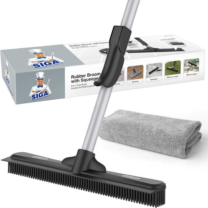 Pet Hair Removal Rubber Broom with Squeegee & Microfiber Cloth