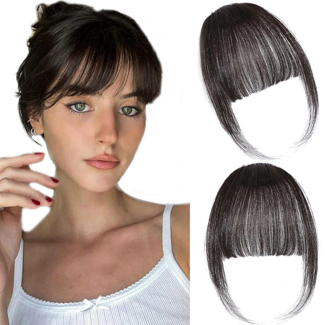 Clip-in Bangs 100% Real Human Hair Extensions – Wispy Brown & Black Fringe with Temples, Faux Bangs Hairpieces for Daily Wear