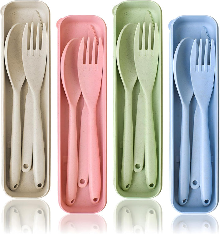Large Camping Utensil Set – 4 Reusable Plastic Cutlery Sets with Carry Case