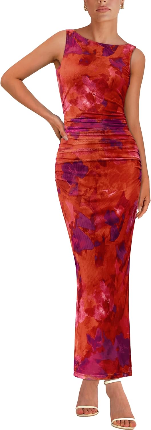 Women’s Bodycon Mesh Maxi Dress –cool and comfortable Sleeveless Floral Ruched Slit