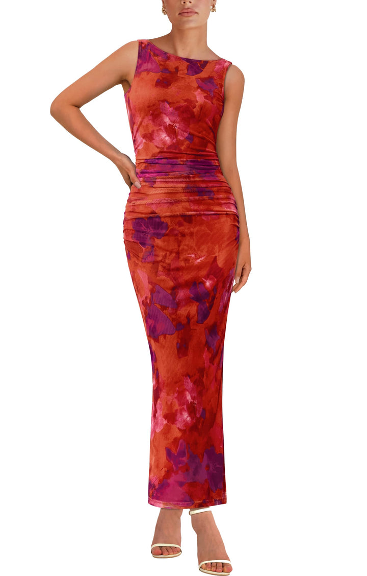 Women’s Bodycon Mesh Maxi Dress –cool and comfortable Sleeveless Floral Ruched Slit