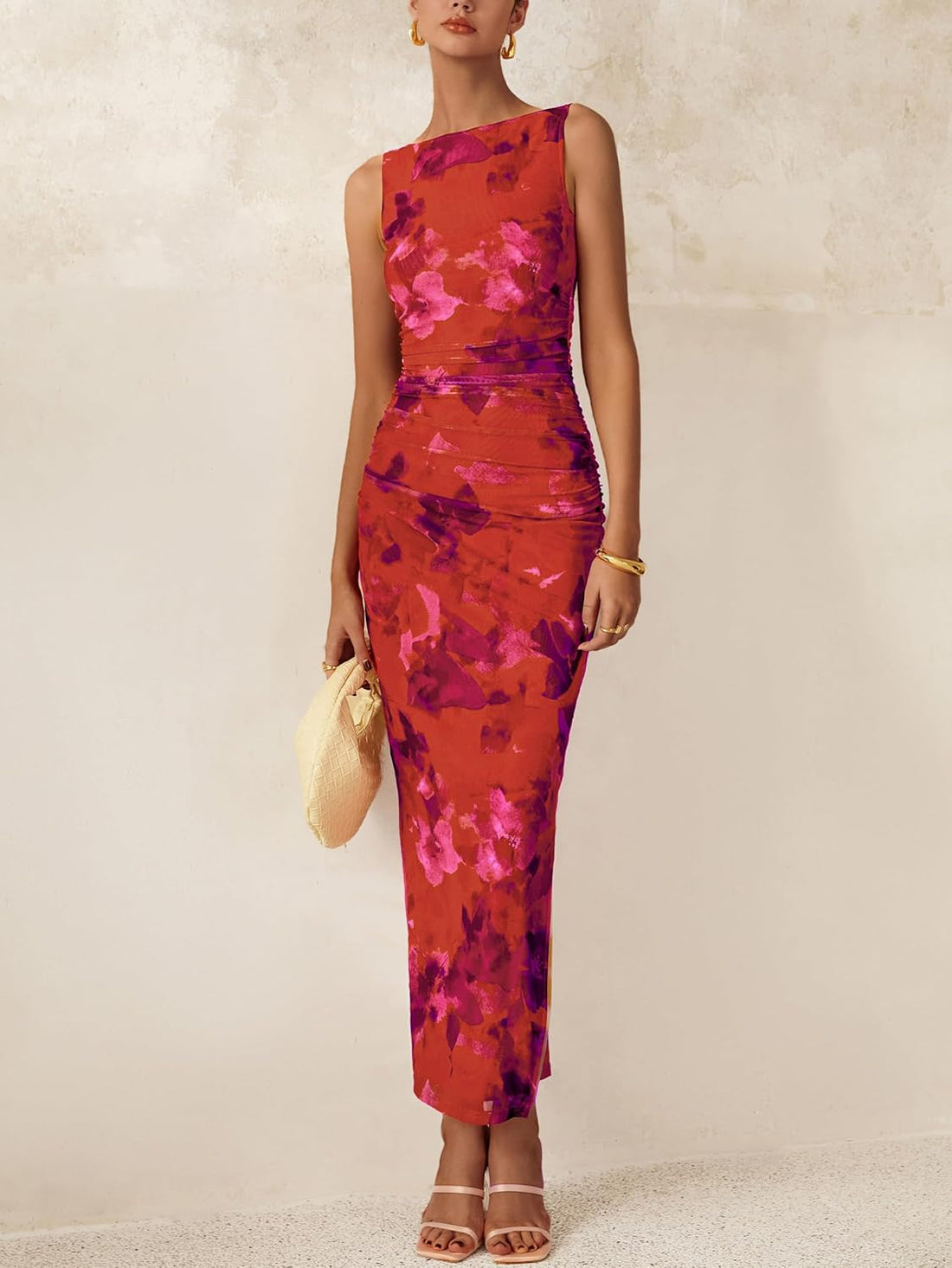 Women’s Bodycon Mesh Maxi Dress –cool and comfortable Sleeveless Floral Ruched Slit