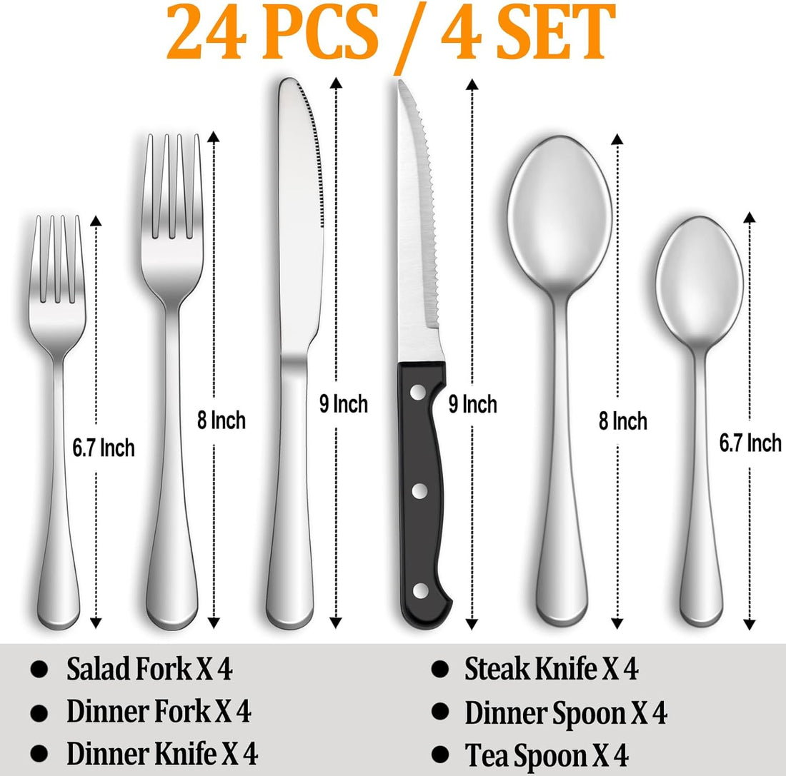 24-Piece Silverware Set with Steak Knives – Stainless Steel Flatware Set