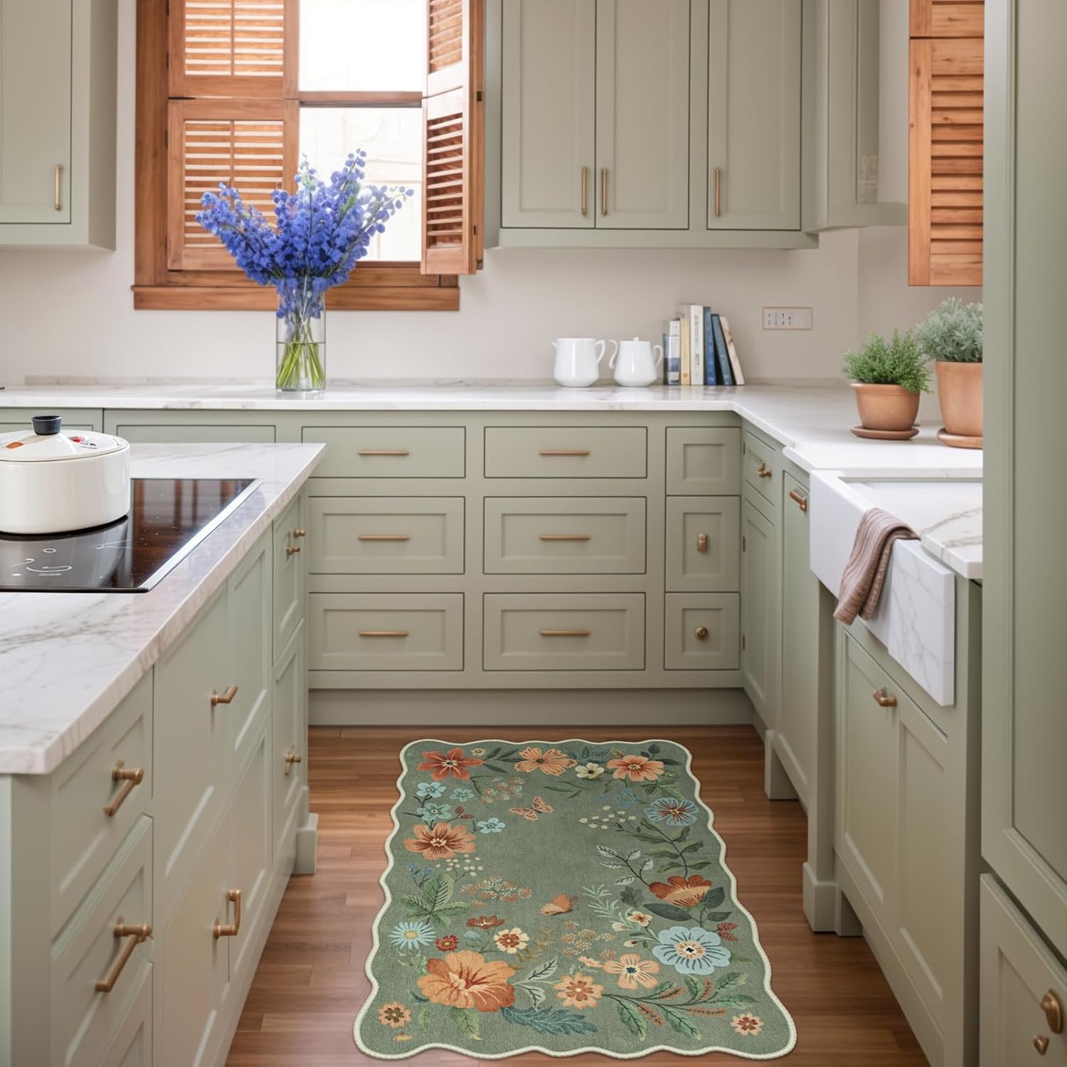 Floral 2x3 Green Rug – Washable Ultra-Thin Non-Slip Kitchen