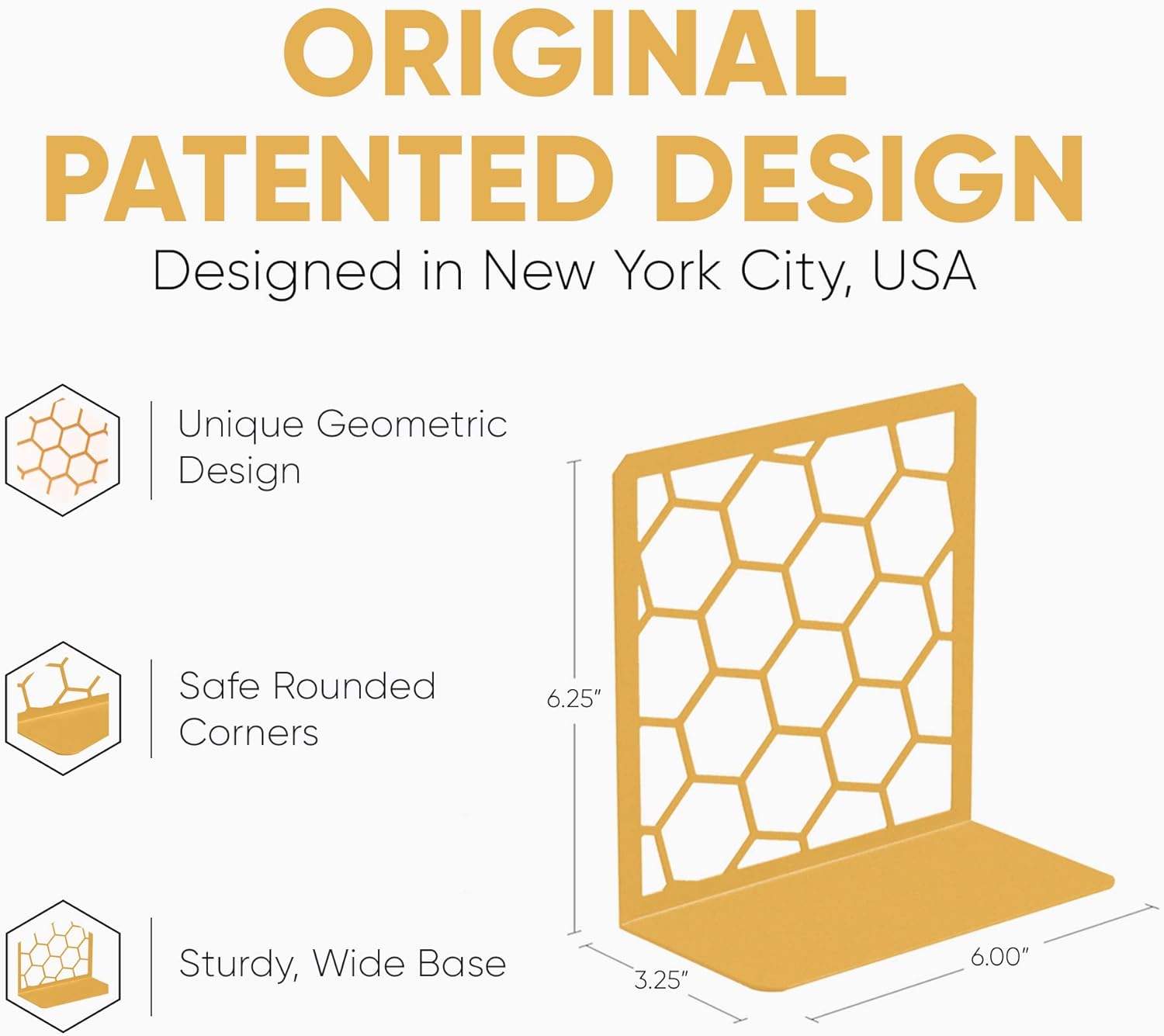 Gold Honeycomb Metal Bookends – Modern Heavy-Duty Shelf Stoppers