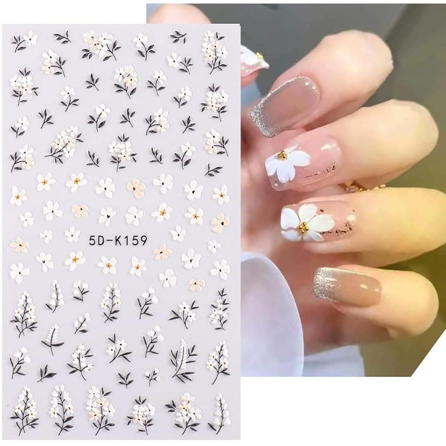 Flower Nail Art Stickers Decals – 5D Embossed Spring & Summer Daisy Nail Design, Self-Adhesive 3D Flower Nail Stickers