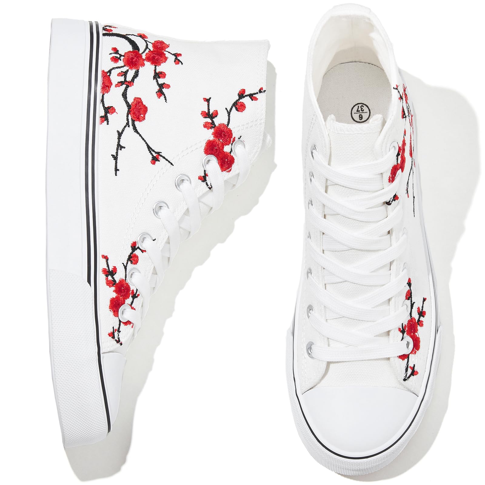 Women’s High-Top Canvas Sneakers – Embroidered Plum Blossom Casual Shoes