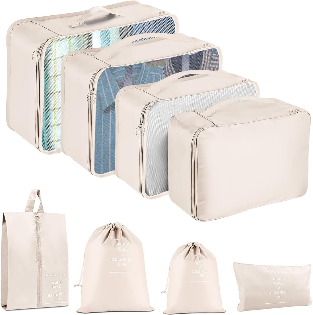 8-Piece Travel Packing Cubes Set – Mesh Compression Luggage Organizers
