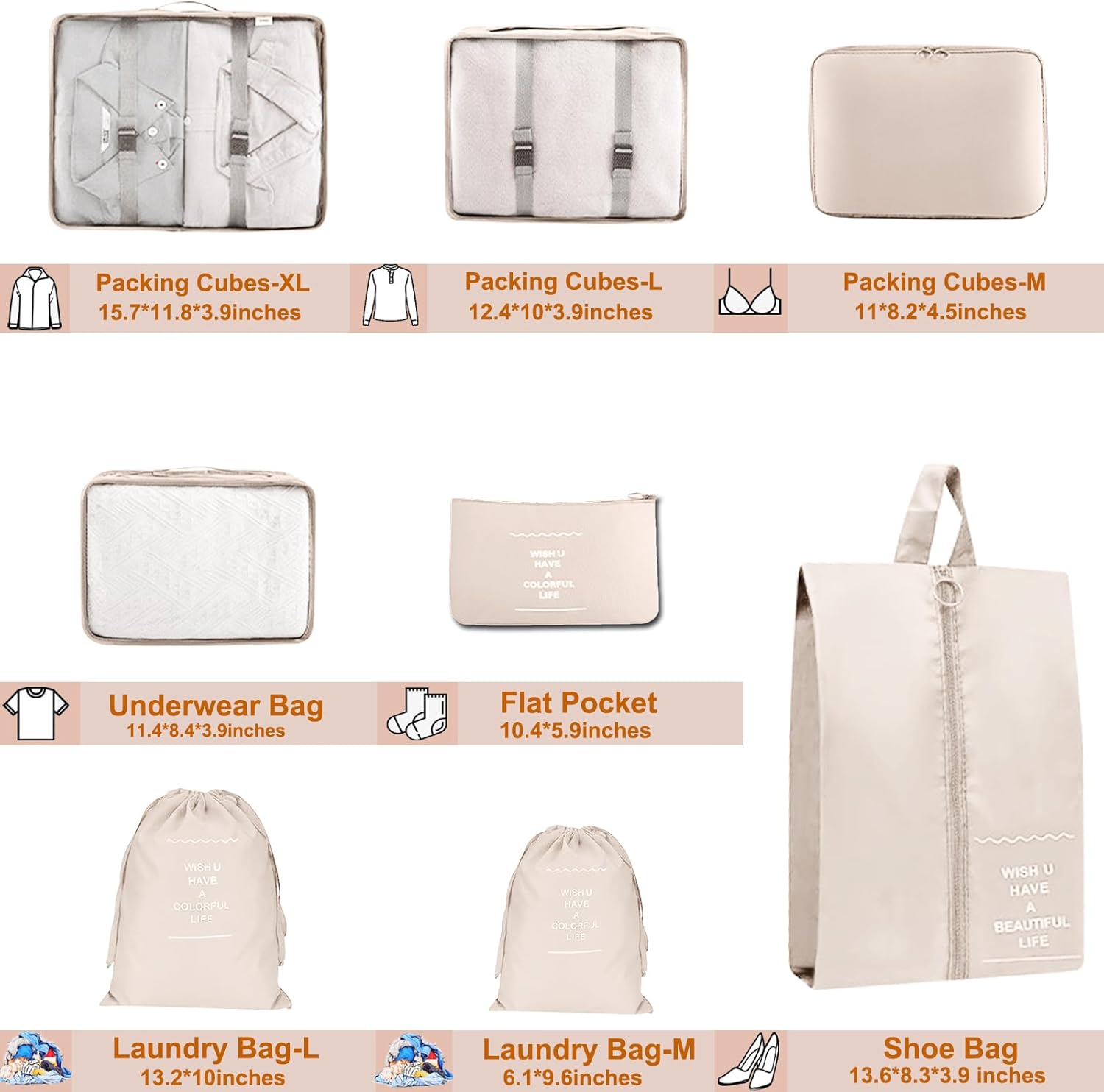 8-Piece Travel Packing Cubes Set – Mesh Compression Luggage Organizers
