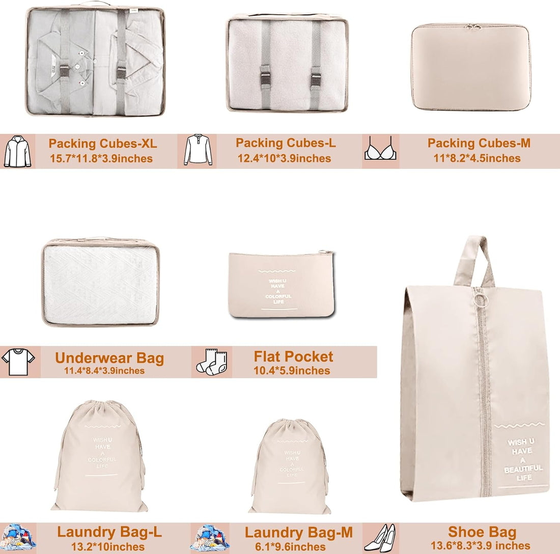 8-Piece Travel Packing Cubes Set – Mesh Compression Luggage Organizers