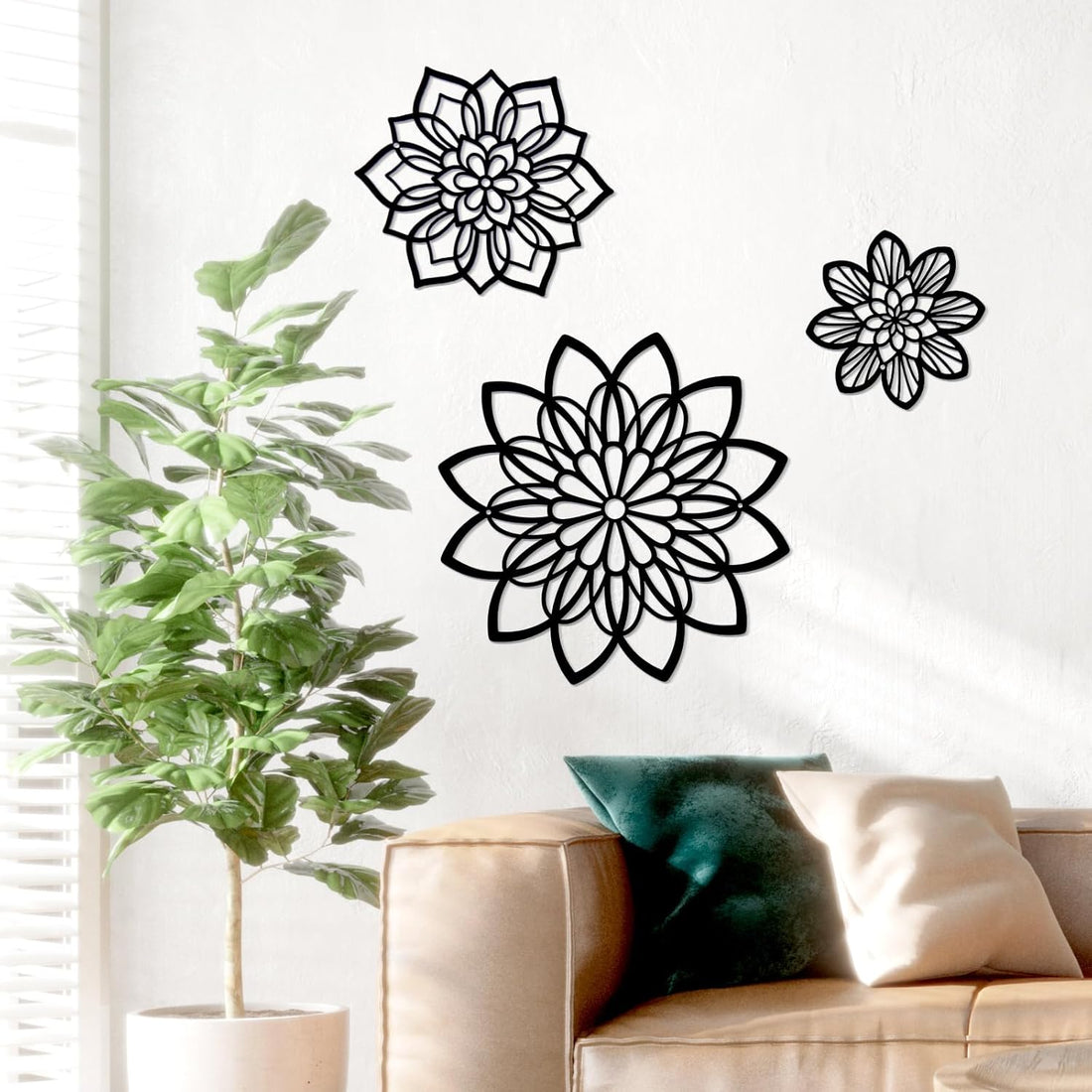 3 Pieces Metal Flowers Wall Decor, Black Wall Decor, Flower Art Wall