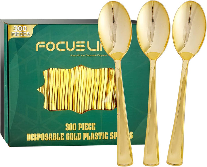 300-Pack 6.8" Gold Disposable Plastic Spoons – Heavy Duty & Elegant Cutlery