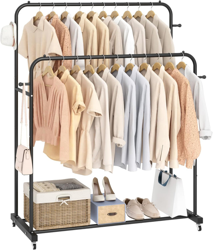 Double Hanging Garment Rack with Wheels – Heavy-Duty Clothing Organizer