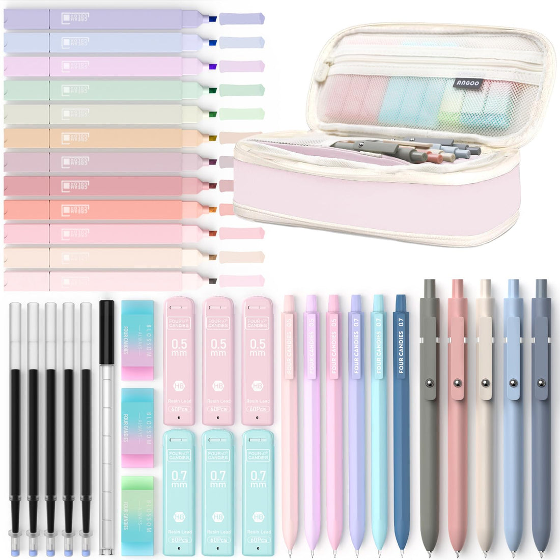 39-Piece School Supplies Set with Pink Pencil Case – Highlighters