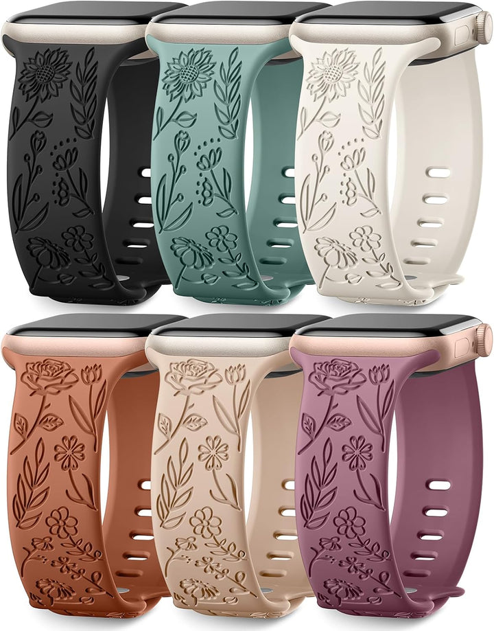 6-Pack Floral Engraved Silicone Bands for Apple Watch – Soft Sport Straps for Series