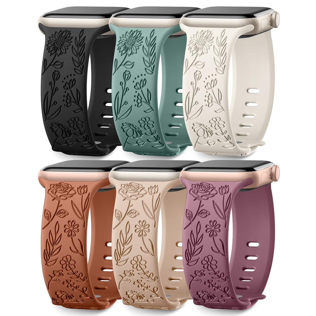 6-Pack Floral Engraved Silicone Bands for Apple Watch – Soft Sport Straps for Series